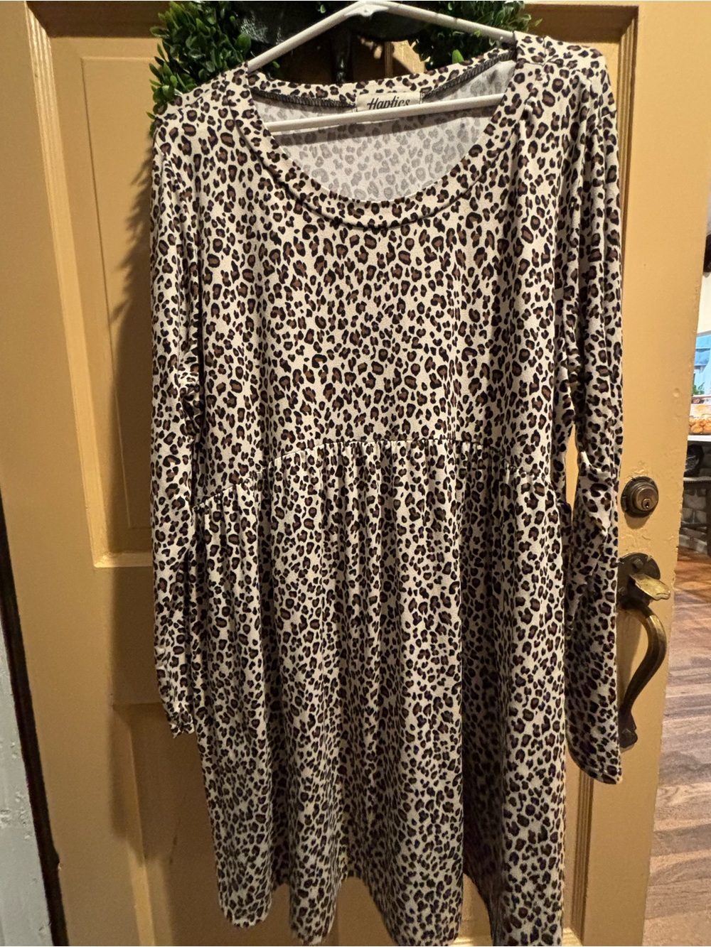 Leopard Print Long Sleeve Swing Dress - Beige